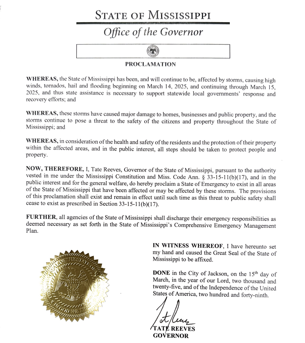 March 14-15, 2025 State of Emergency